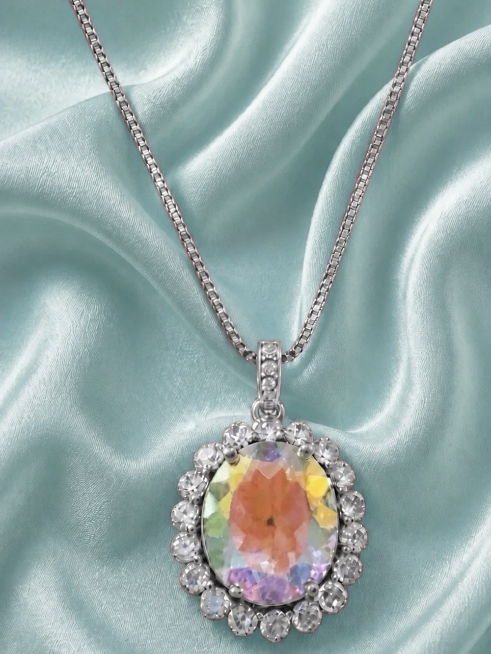 5ctw Mercury Mystic Quartz Pendant. Rhodium over 925 sterling silver. CZ Halo.